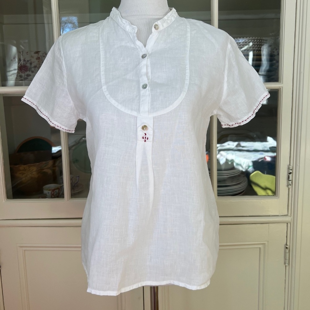 Mia Zia White Linen Blouse, Embroidery, Size Medium/Large, Italian 42
